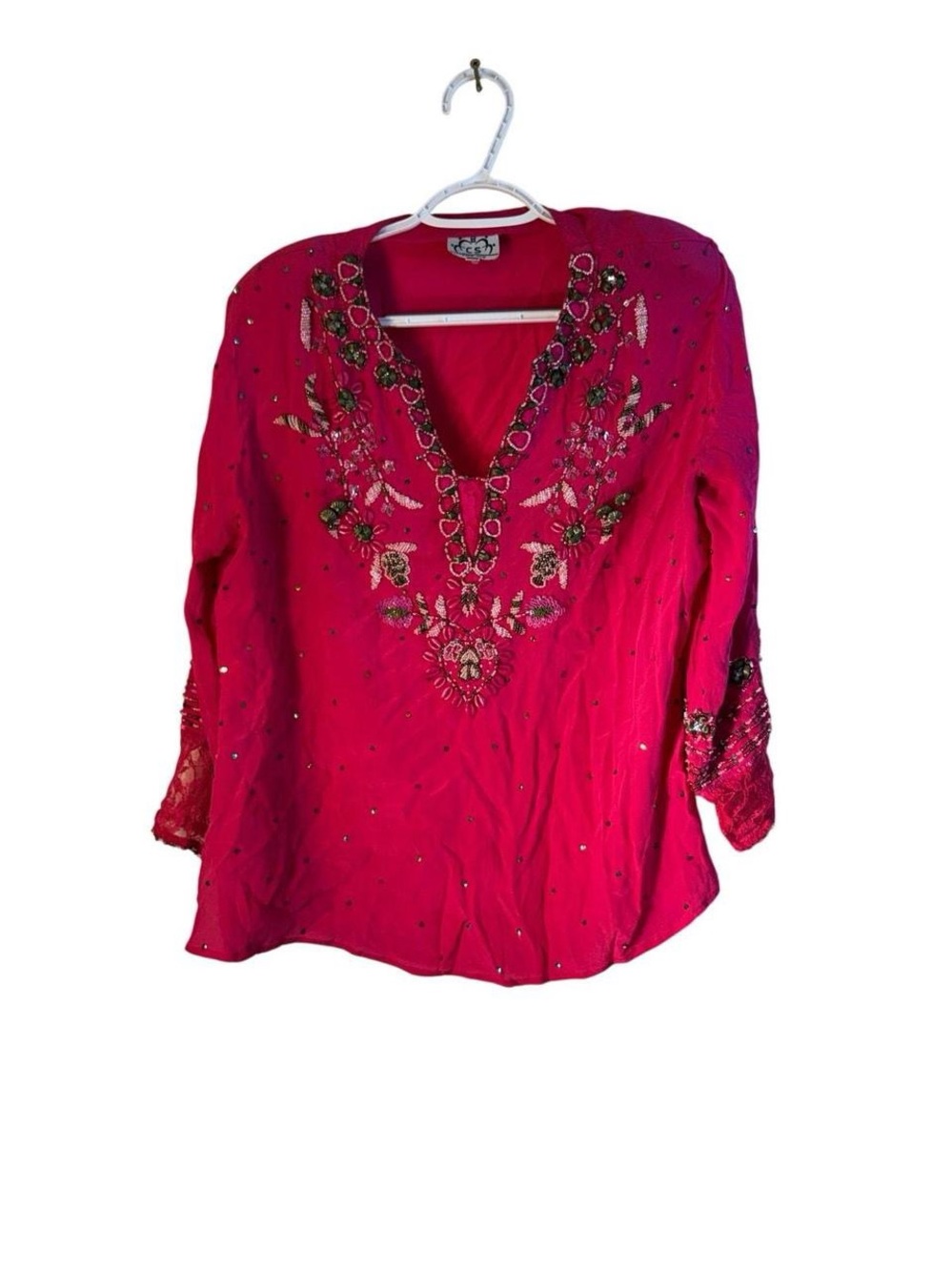 Embellished Fuchsia V-Neck Tunic with Floral Beading